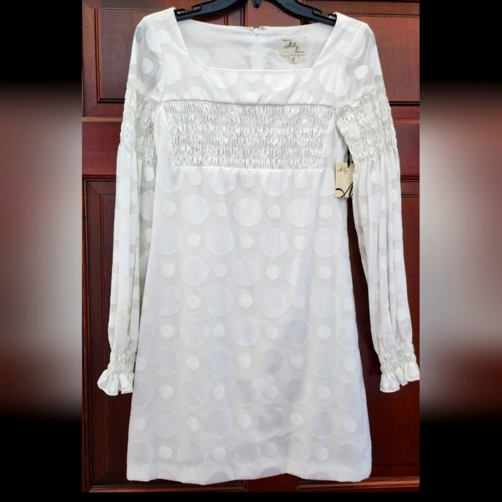 MILLY NY White Long Sleeved Smocked Dress Sz 2 Polka Dots Summer